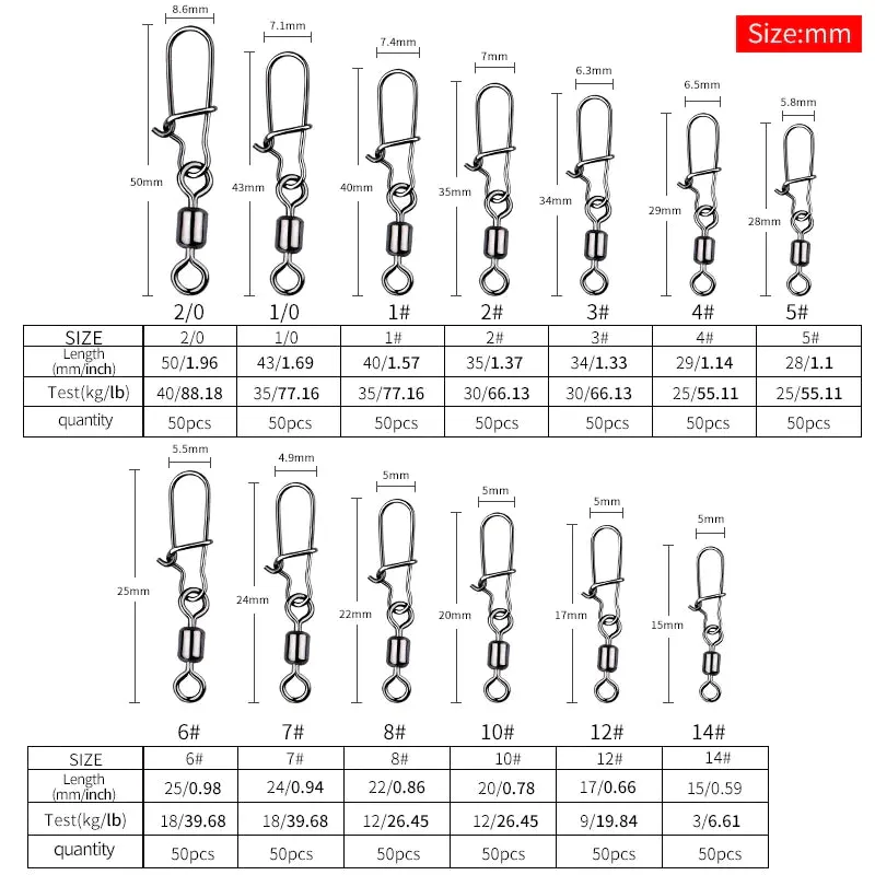 Fishhook 50PCS Pike Fishing Accessories Connector Pin Bearing Rolling Swivel Stainless Steel Snap Fishhook Lure Swivels Tackle