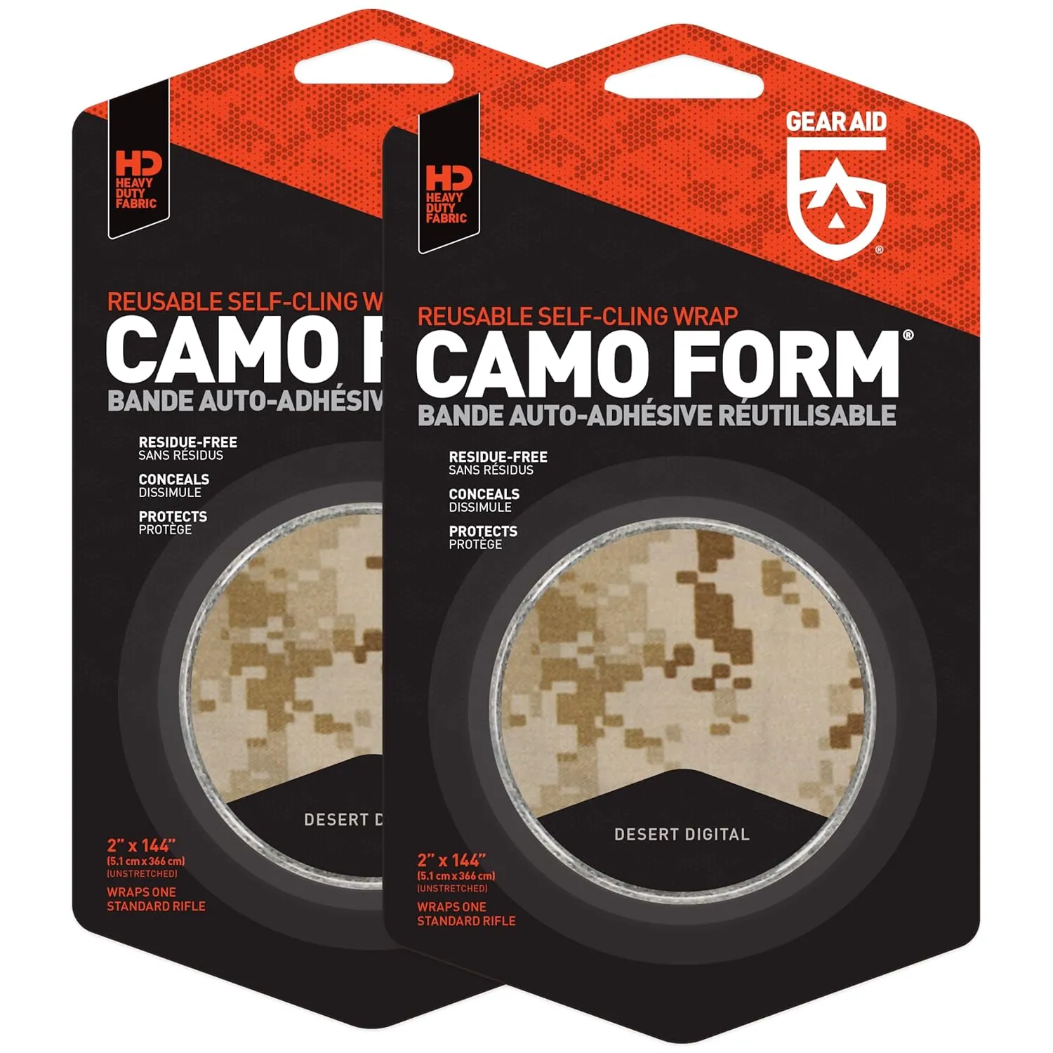 GEAR AID Camo Form Self-Cling and Reusable Fabric Camouflage Wrap, Adds Grip and Shield Hands from Hot or Cold Surfaces to Protect You and Your Equipment, Desert Digital, 2 x 144 Roll, 2 Pack