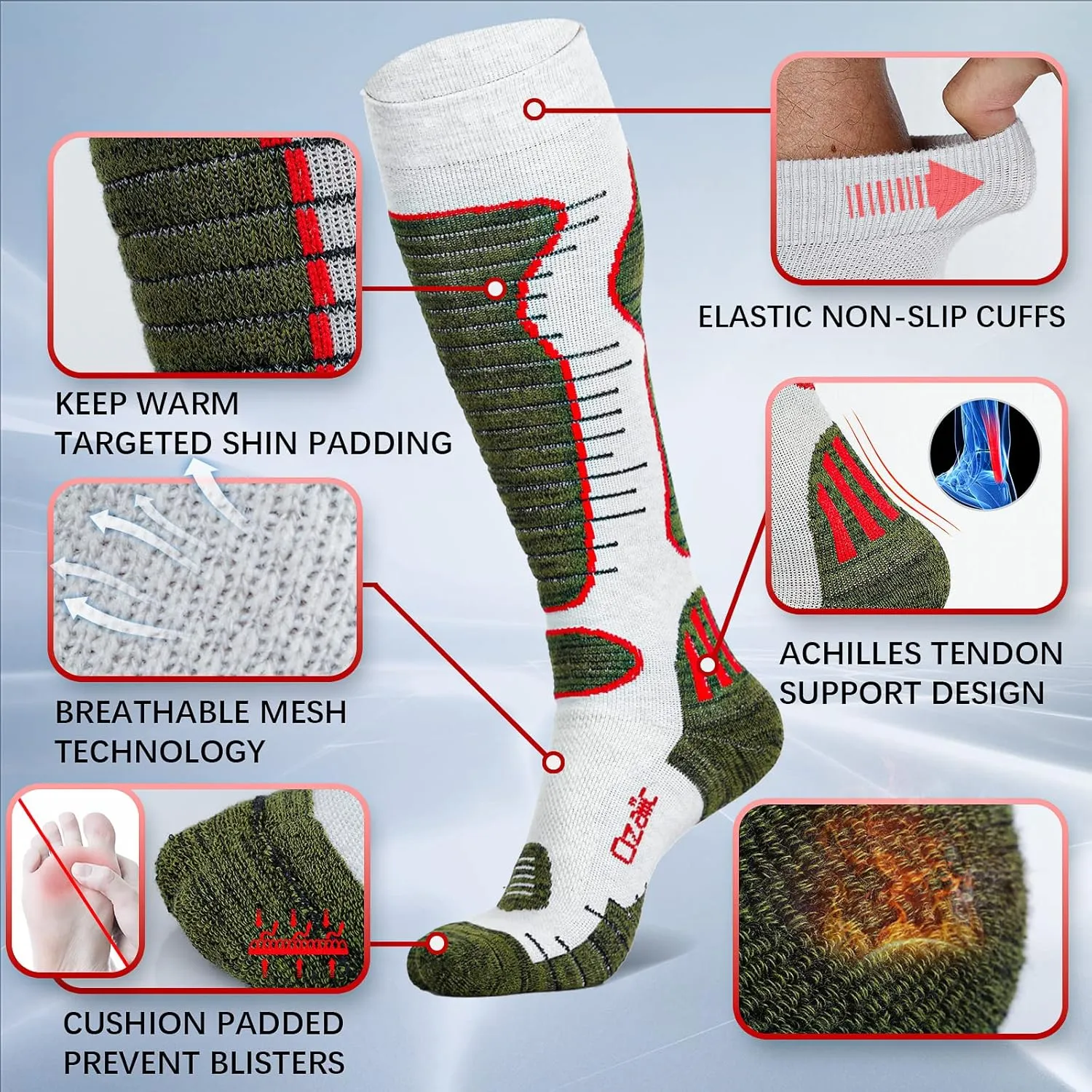 Merino Wool Ski Socks Mens Womens 2 Pairs for Skiing, Snowboarding, Thermal Knee High Winter Warm Sports Performance Socks
