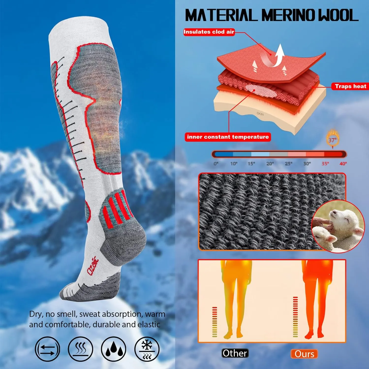 Merino Wool Ski Socks Mens Womens 2 Pairs for Skiing, Snowboarding, Thermal Knee High Winter Warm Sports Performance Socks
